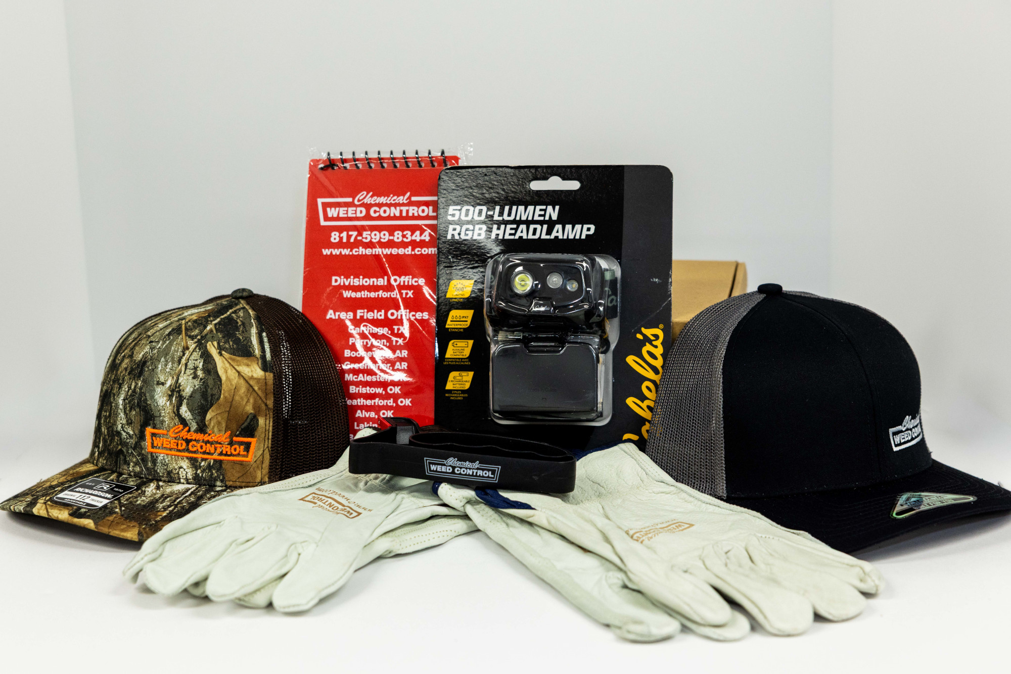 Lot 24 - Headlamp, 2 Hats, 2 Pair Work Gloves, Knife Sharpener, Notepad