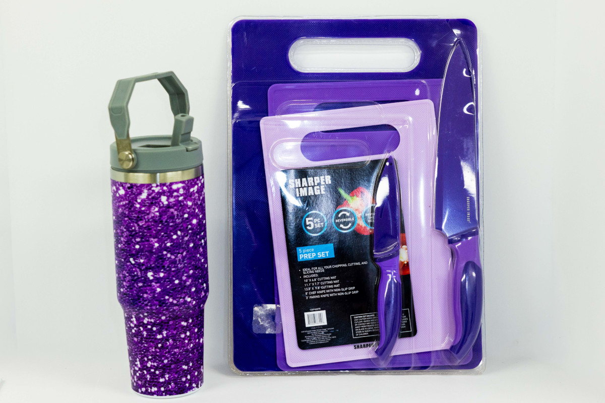 Lot 38 - Sharper Image Knives and Cutting Board Set with Purple Tumbler