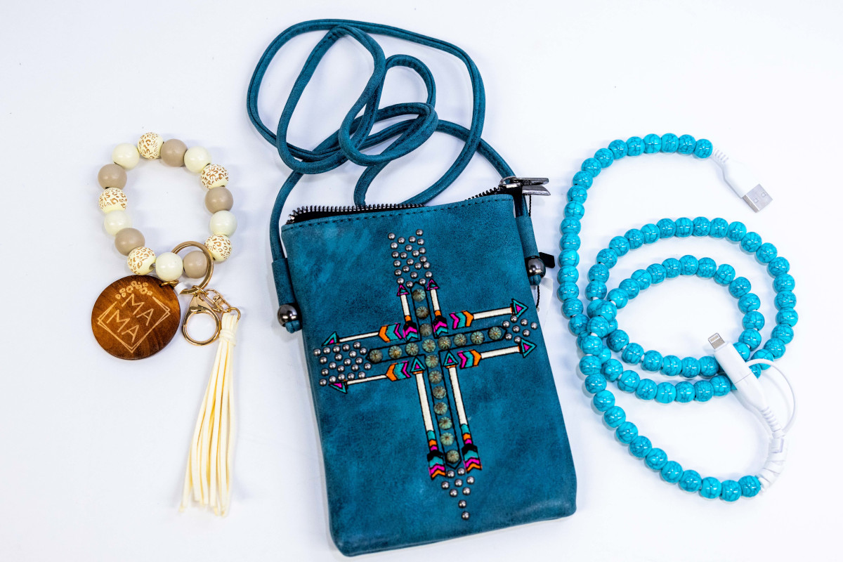 Lot 43 - Cross Body Purse, Keychain & Blue iPhone Charger